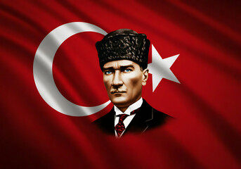 Portrait of Mustafa Kemal Atatürk over the Turkish Flag, President of Turkey, Symbol of Patriotism.