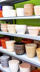 Display of various ceramic flower pots on shelves