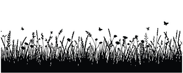 Wildflower Meadow and Grass Silhouette Border, vector, illustration. © naeem