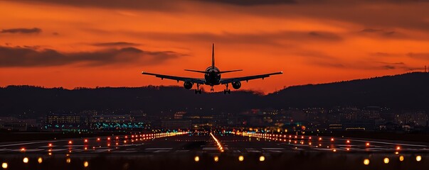 A dramatic sunset view of an airplane landing, silhouetted against a vibrant orange sky, illuminating the runway lights below.