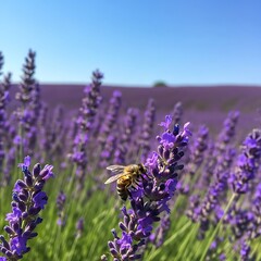 Bee on Lavender Flower in Provence Field Under Blue Sky.