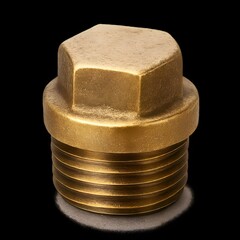 Brass pipe plug with hex head, isolated on transparent background, realistic metal texture and shadows