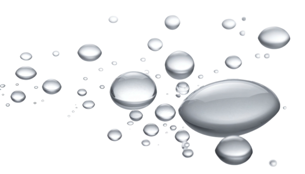 Transparent, spherical droplets floating against a black background