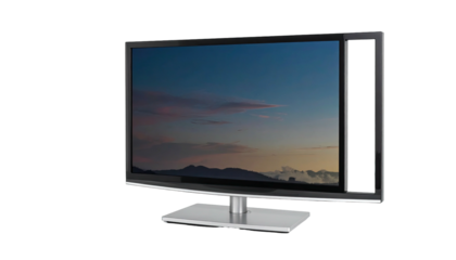 A sleek, rectangular display shows a sunset over mountains. It has a metallic stand