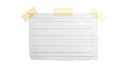 Lined paper, torn edges, held by tape on a black background