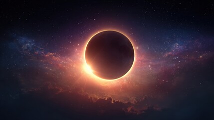 A stunning celestial scene depicting a solar eclipse surrounded by a starry sky and colorful cosmic clouds.