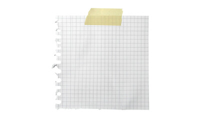 Square notepad with grid paper, taped to the top with yellow tape against a black background