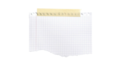 Torn grid paper held by tape, with a jagged edge and hole punches, against black