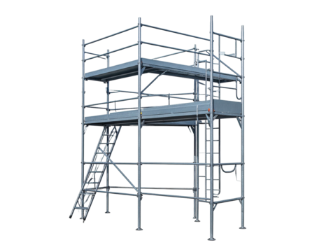 Metallic modular structure of connected platforms with ladders, rails, on black