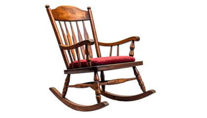 Classic wooden rocking chair with red cushion, angled against a black background