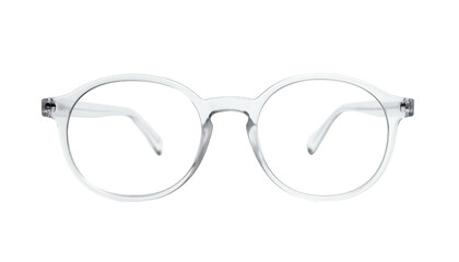 Transparent round-framed eyeglasses with clear lenses, isolated on a black background
