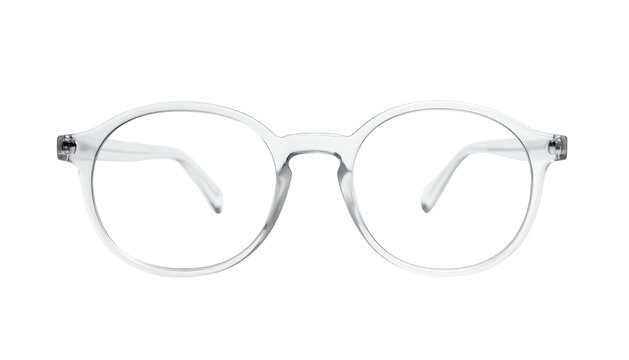Transparent round-framed eyeglasses with clear lenses, isolated on a black background