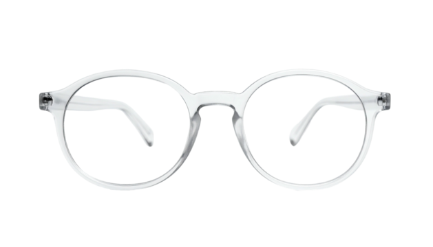Transparent round-framed eyeglasses with clear lenses, isolated on a black background