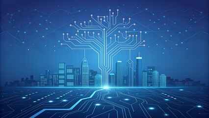 Digital tree with city skyline on blue background