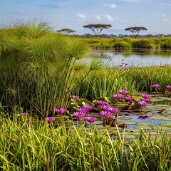 Serene African Wetland - Lilies, Papyrus, and Distant Acacia Trees.