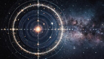 Illustration of a star field with concentric rings and cosmic nebula formations in deep space
