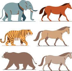 ELEPHANT, TIGER, BEAR AND HORSES IN FLAT VECTOR ILLUSTRATION.eps