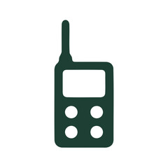 Simple dark green icon of a walkie talkie device with an antenna and four circular buttons on a black background