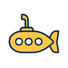 A simple yellow submarine icon with a dark blue outline and three circular windows isolated on a black background representing underwater exploration and nautical themes