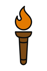 A simple cartoon illustration of a lit torch with a brown handle and a bright orange flame against a black background