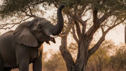 Obraz premium Majestic African elephant reaching towards branches near trees, captured at golden hour with trunk raised