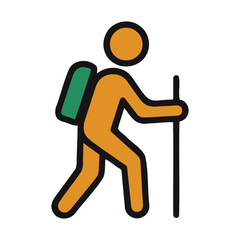 Stylized orange hiker with green backpack and walking stick in motion against a solid black background representing outdoor adventure and exploration