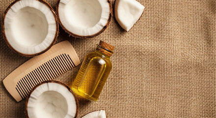 Natural Coconut Oil in Glass Bottle with Halved Coconuts and Wooden Comb on Burlap Surface