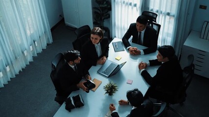 Top view of manager working on laptop and sending data analysis to business people by using VR glass headset while diverse team moving gesture while working together to planning idea. Directorate. - Powered by Adobe