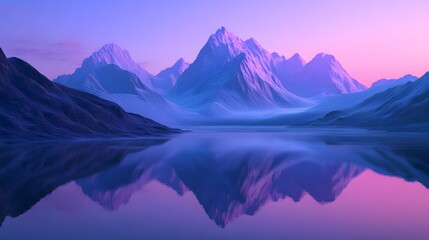 A tranquil alpine lake at dawn with violet-tinted peaks reflecting in glassy water 
