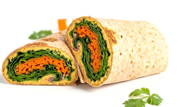 Fresh vegetable wrap showcasing vibrant greens and orange carrots, set against a clean white background