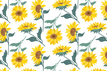 Sunflower vector illustration featuring a seamless pattern of vibrant yellow sunflowers with green leaves on a white background. Ideal for textile designs, wallpapers, and decorations.