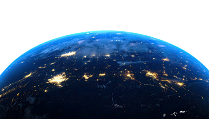 A close-up of Earth at night, revealing city lights and illuminated atmosphere