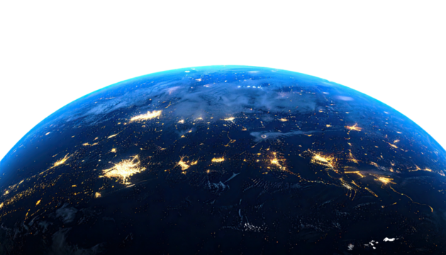 A close-up of Earth at night, revealing city lights and illuminated atmosphere