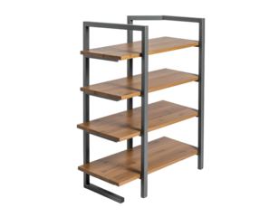Angled view of a wooden shelf unit with a dark metal frame, empty against black