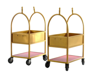 Two gold-colored luggage carts with drawers and ornate handles on a dark background