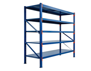 A sturdy blue shelving unit with four gray shelves and orange accents