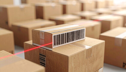 Barcode Scanner in Action: A focused close-up captures a barcode scanner diligently reading a label on a cardboard box, symbolizing the efficiency and accuracy of logistics operations