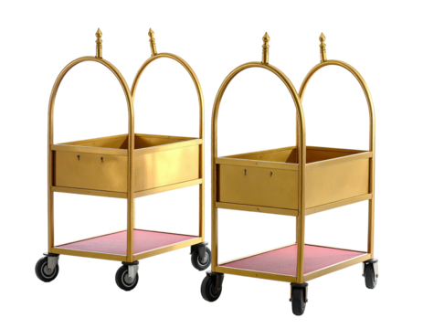 Two gold-colored luggage carts with drawers and ornate handles on a dark background