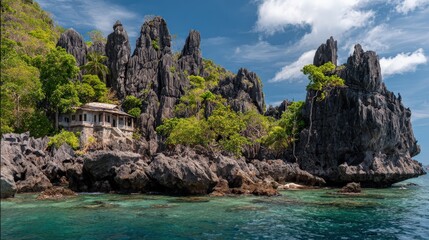 A stunning coastal scene featuring dramatic rock formations, lush greenery, and a quaint house by the turquoise waters under a bright blue sky.