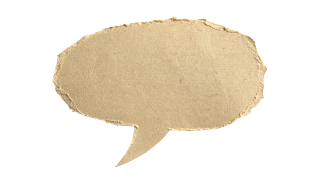 Torn paper speech bubble cutout, tan color, isolated on a black background