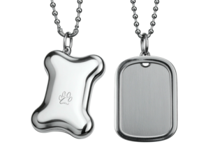 Shiny metal dog tags; one bone-shaped, one rectangular, hanging on ball chains