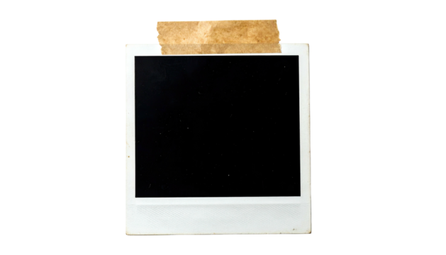 Empty instant camera photo with tape attached at the top, isolated on black