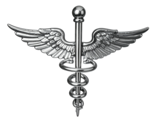 A metallic medical symbol with a winged staff and serpent