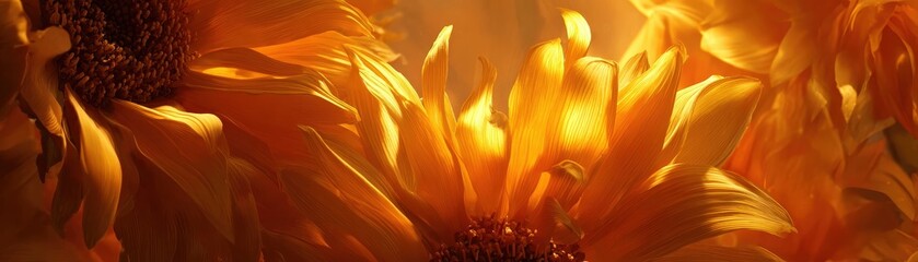 A vibrant close-up of golden sunflowers, showcasing their rich textures and warm hues, illuminated by soft light.