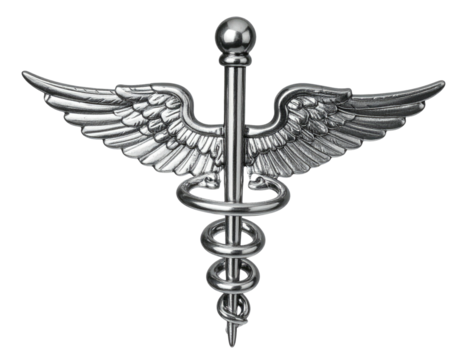 A metallic medical symbol with a winged staff and serpent