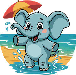 Cartoon Elephant Playing on Beach with Umbrella - Cheerful Vector Art