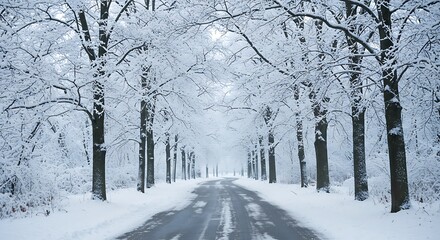 A tranquil winter road winding through a symmetrical avenue of bare trees heavily dusted with fresh white snow