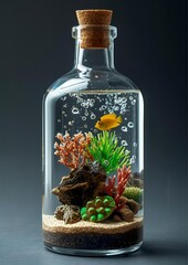 Mini aquarium in glass bottle with colorful tropical fish and coral