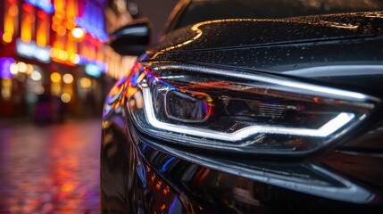 A close-up of a sleek black car's headlight with vibrant, blurred city lights reflecting in the background, creating a dynamic nighttime atmosphere.