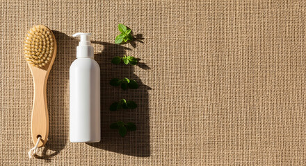 Natural Wooden Body Brush with White Pump Bottle and Green Plant on Textured Brown Surface
